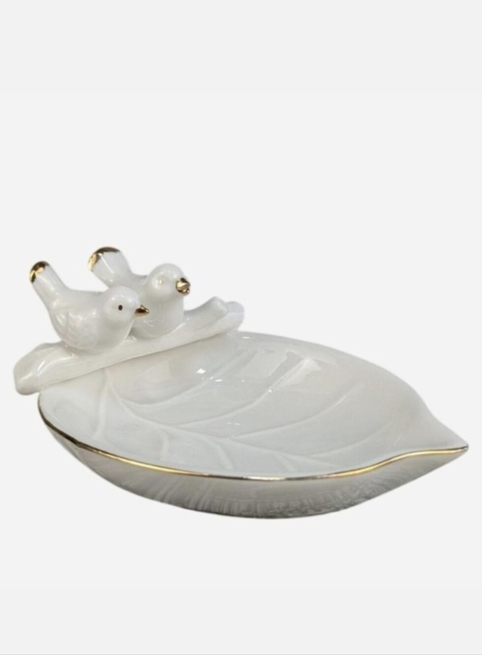 Pier 1 Imports White Ceramic Leaf Dish With Lovebirds Gold Trim